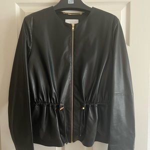 Escada black lamb skin leather cinched waist jacket